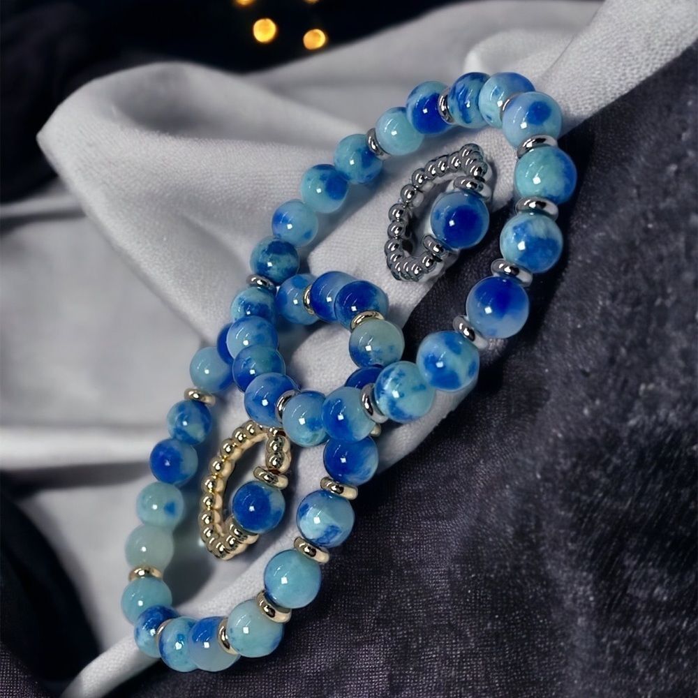 NWT Wool + Pepper Co.Blue Point Jade Beaded Bracelet and Ring Set